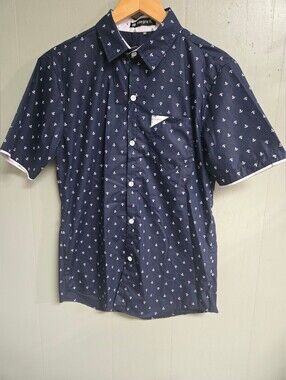 Allegra K Shirt Mens 36 Blue Anchor Graphic Button Up Short Sleeve Casual